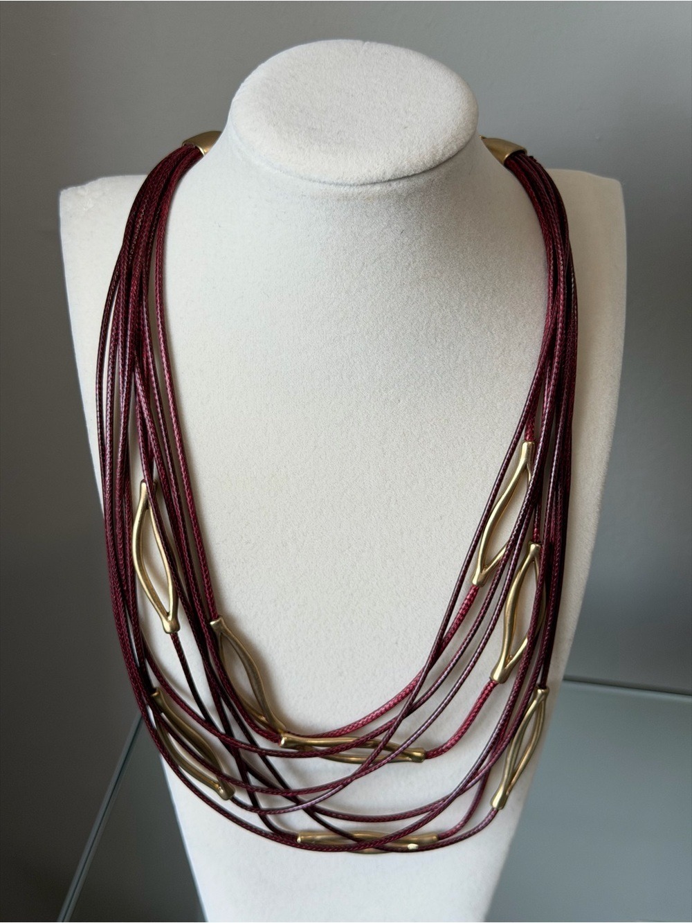 Multi-Strand Burgundy Cord Necklace with Gold Accents